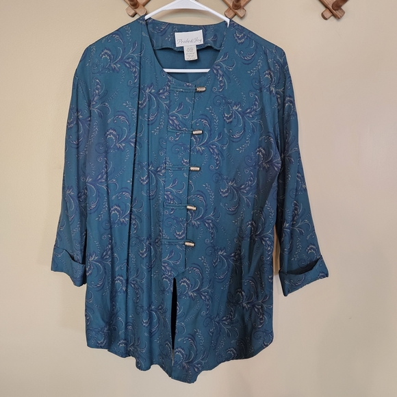 Vintage Pride & Joy Teal Paisley Kimono Blouse Tunic Size 12P Button Up Layering - Picture 1 of 12
